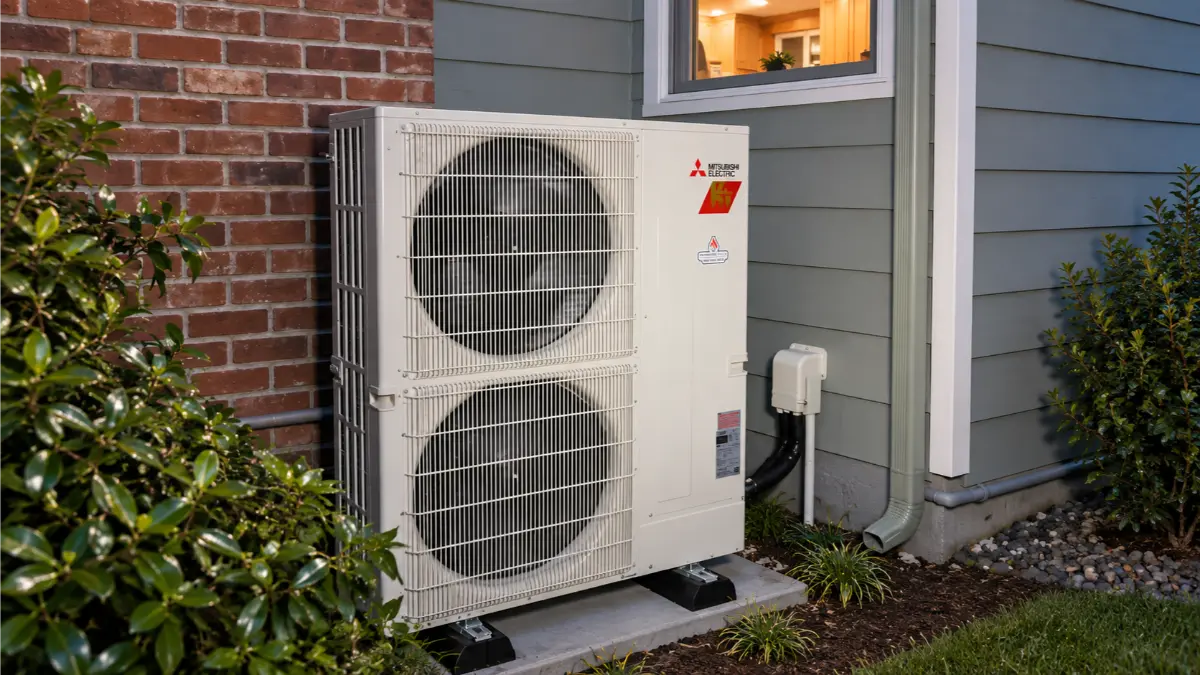Mitsubishi heat pump installed outside a Western Washington home